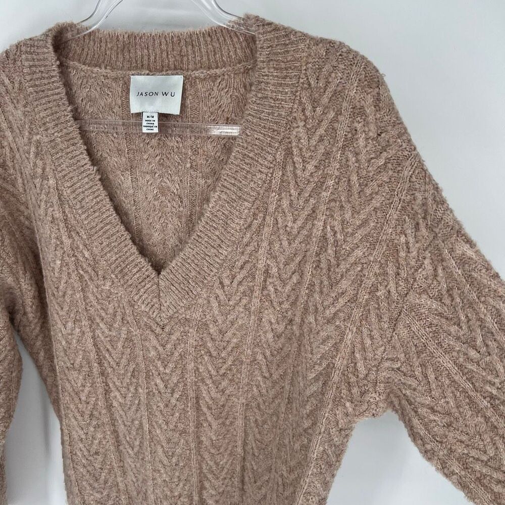 JASON WU Sweater Medium Tan V-Neck Chevron Knit Pullover Long Sleeve Cozy Winter - Picture 10 of 12